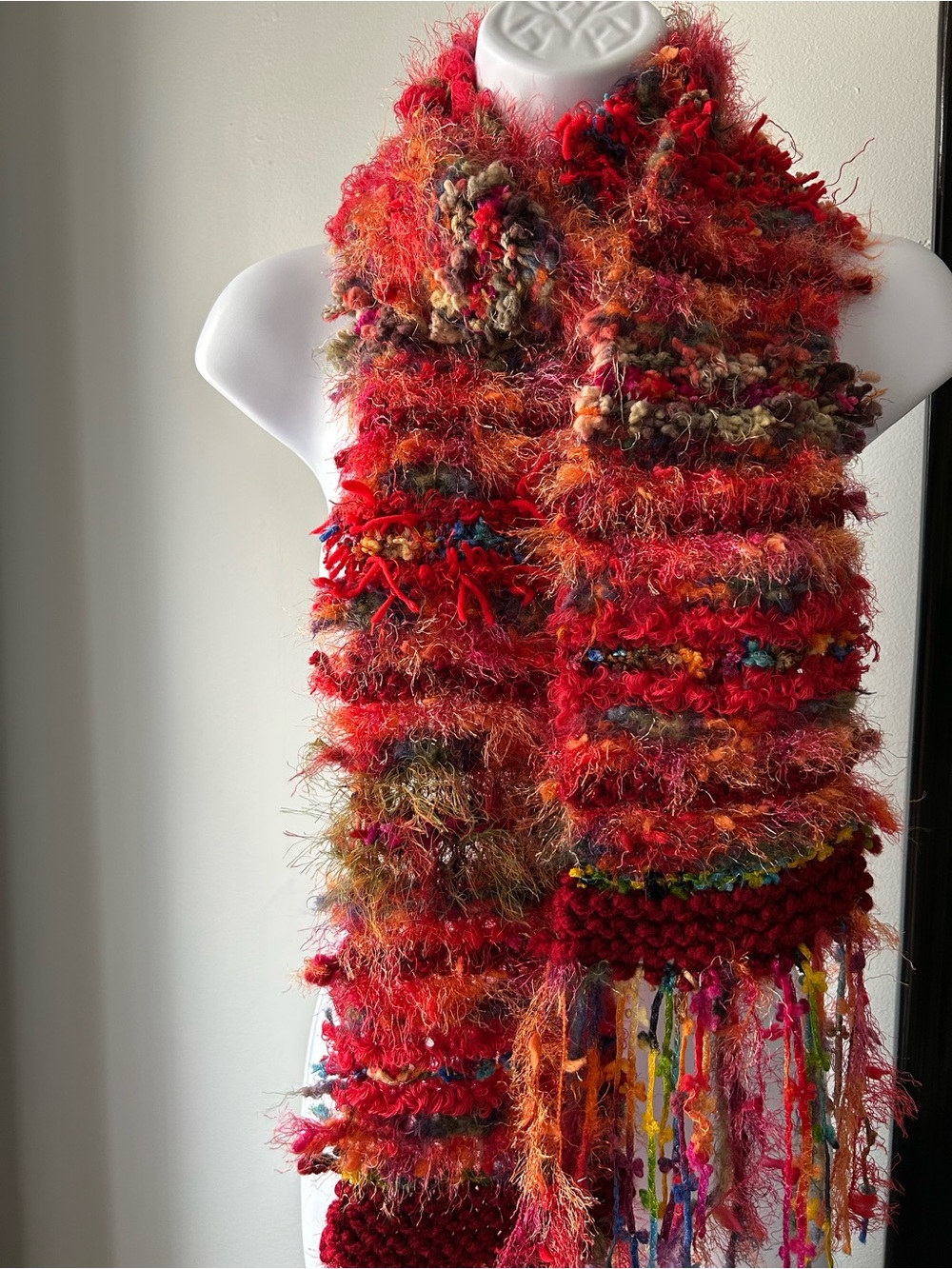 Handmade Red Multicolor Textured Scarf